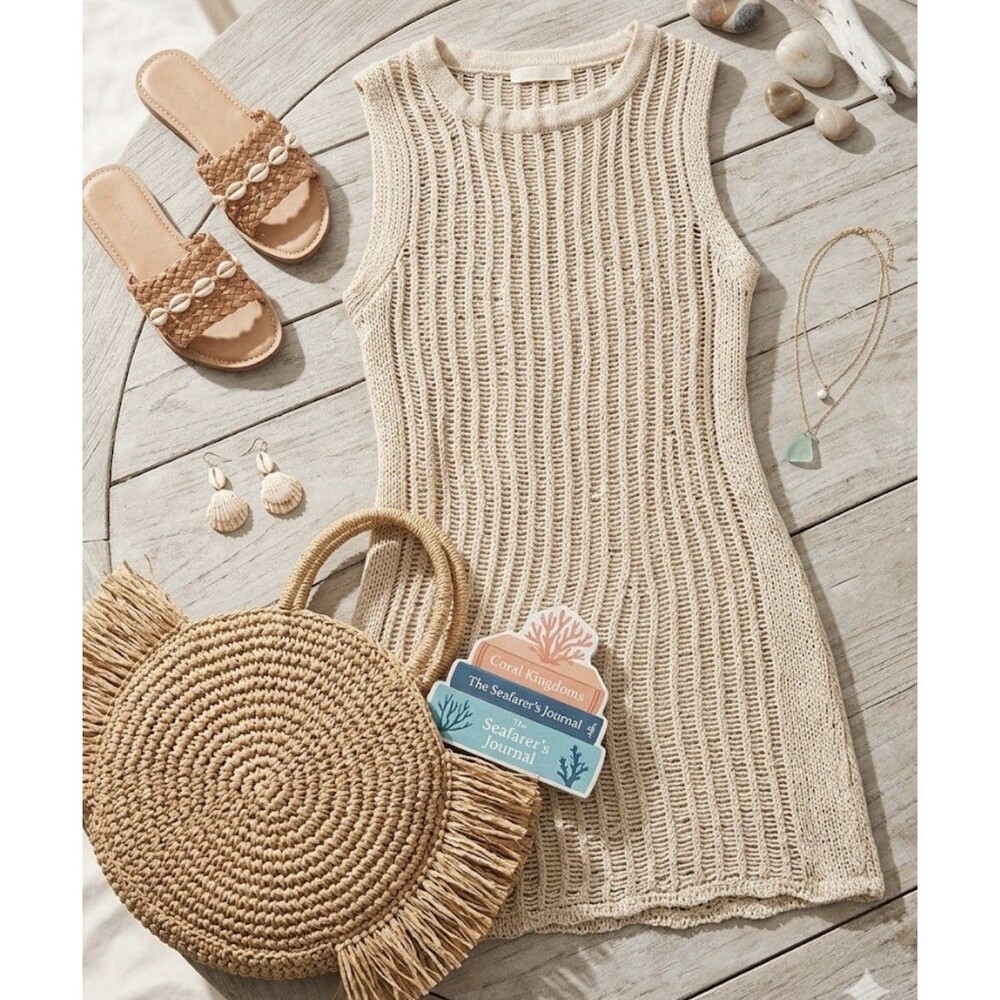Cotton On Body Crochet Sleeveless Swim Cover Up Beige XS Lightweight Cotton